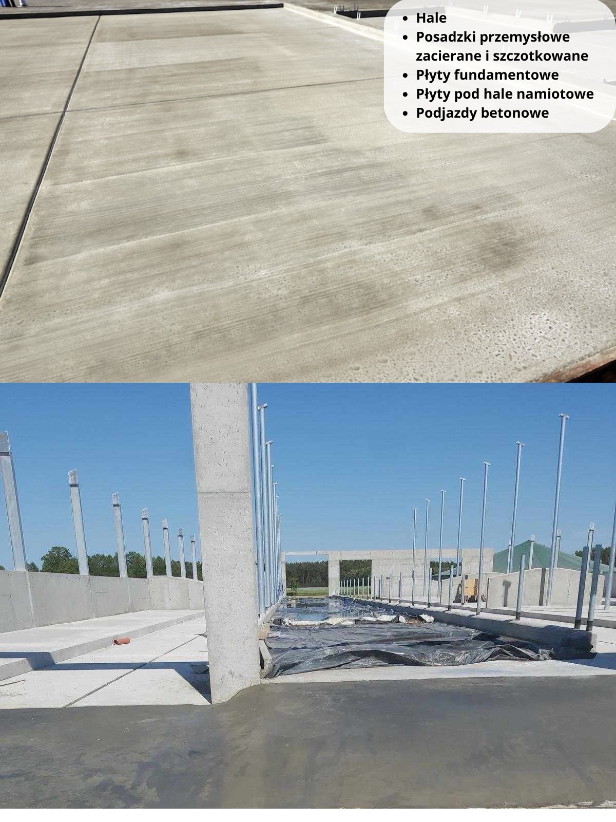 Betonowa posadzka przemysłowa w trakcie realizacji, widoczne słupy konstrukcyjne i stalowe pręty wystające z betonu, przygotowanie do dalszych prac budowlanych.