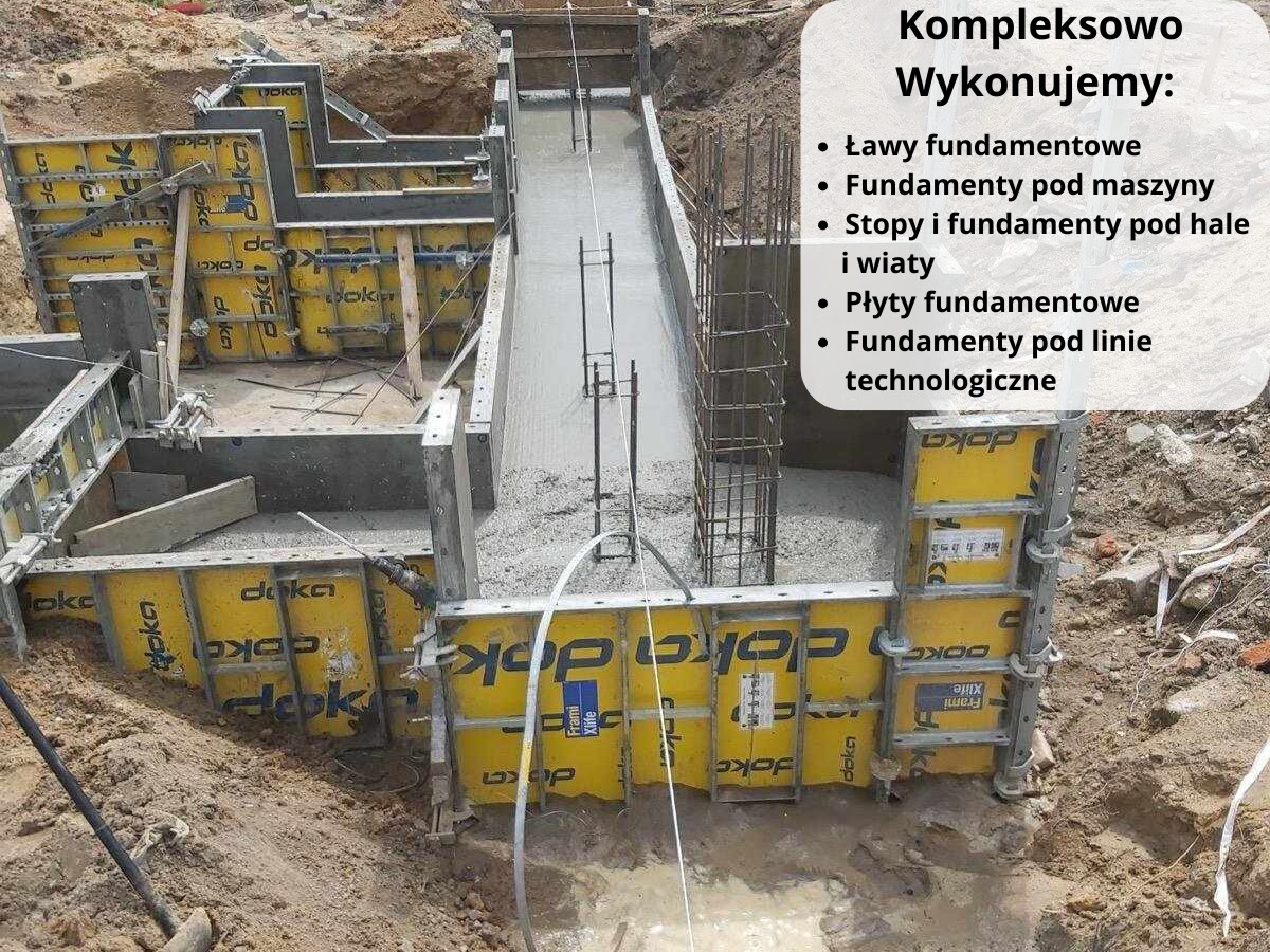 Szczegółowy widok szalunku fundamentowego z żółtymi panelami Doka, zbrojenia i częściowo wylanego betonu, z tekstem reklamowym w prawym górnym rogu.