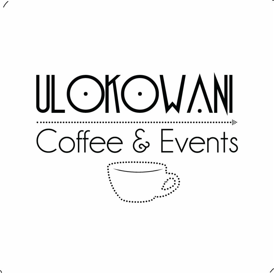 Czarno-białe logo firmy 'ULOKOWANI Coffee & Events' z grafiką filiżanki kawy złożonej z kropek.