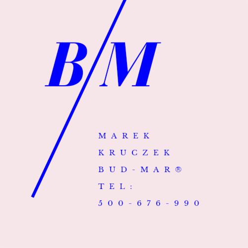 Logo firmy budowlanej: granatowe litery B/M przecięte ukośną linią, poniżej dane kontaktowe Marek Kruczek BUD-MAR