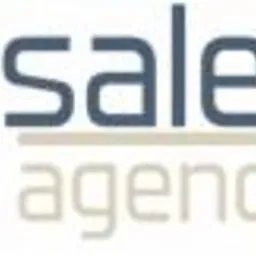 Logo firmy Sales Agency z abstrakcyjnym, sześciennym symbolem po lewej stronie, utrzymane w kolorystyce szarości i błękitu.