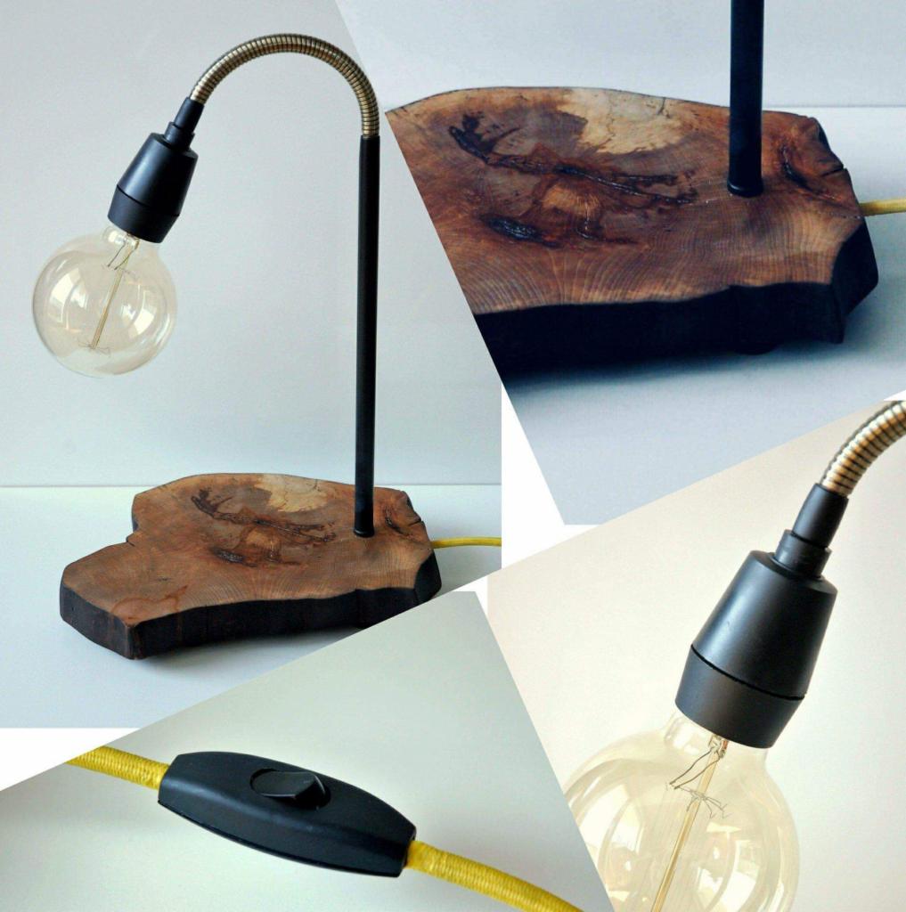 Lampa stołowa z podstawą z naturalnego drewna, żarówką Edison i elastycznym ramieniem, prezentowana w kolażu czterech ujęć.