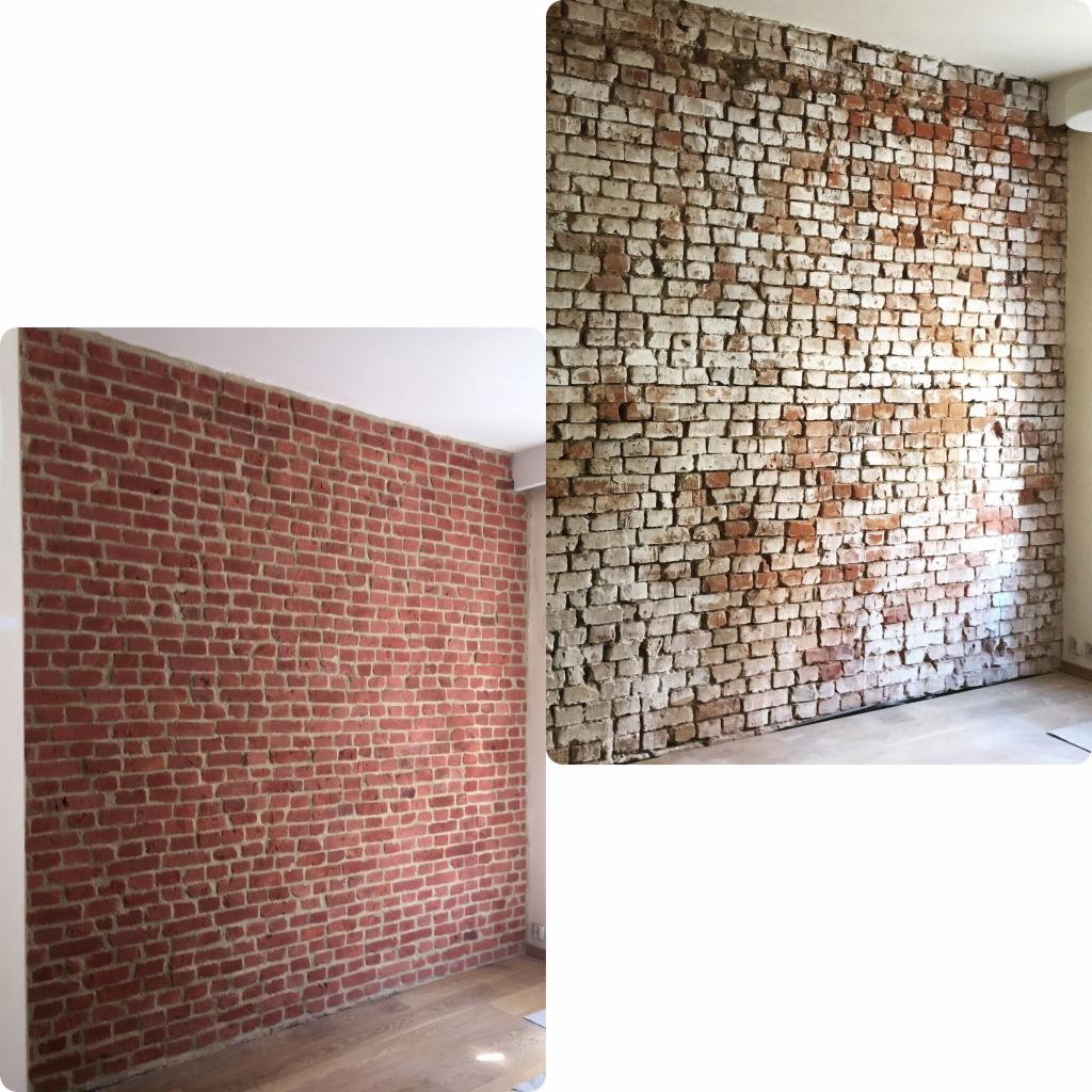 Dwie ściany z cegły: jedna odnowiona, z czerwonymi cegłami i jasną fugą, druga z białymi i czerwonymi cegłami, z widocznymi śladami upływu czasu i nierówną fugą. Podłoga drewniana w obu przypadkach.