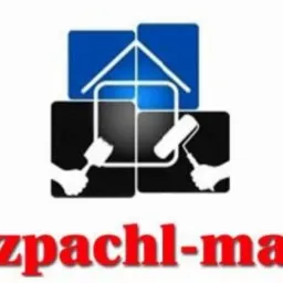 Logo firmy 'szpachl-mal' z motywem domu i narzędzi malarskich: wałka i szpachli, w kolorystyce bieli, czerni i niebieskiego.