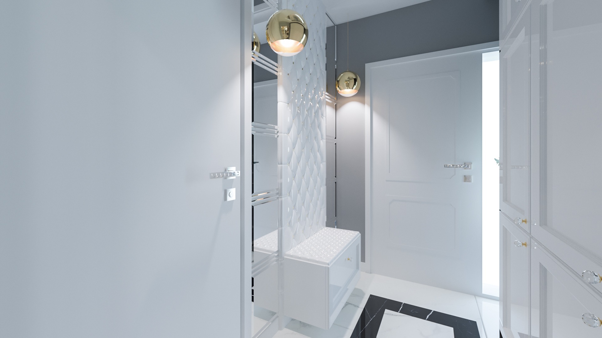Nowoczesny przedpokój w bieli i szarości z elementami glamour: pikowana ściana, złote lampy wiszące, lustrzana szafa z półkami i siedziskiem, białe drzwi z ozdobnymi ramkami i czarno-biała...
