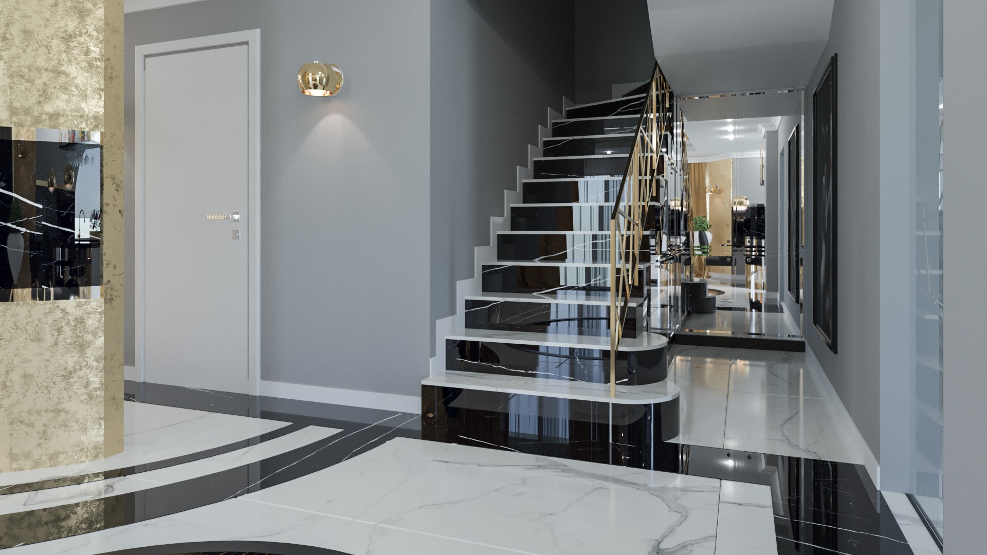 Nowoczesne wnętrze: marmurowe schody z złotą balustradą, biała podłoga z czarnymi pasami, szara ściana z dekoracyjnym oświetleniem i białe drzwi.