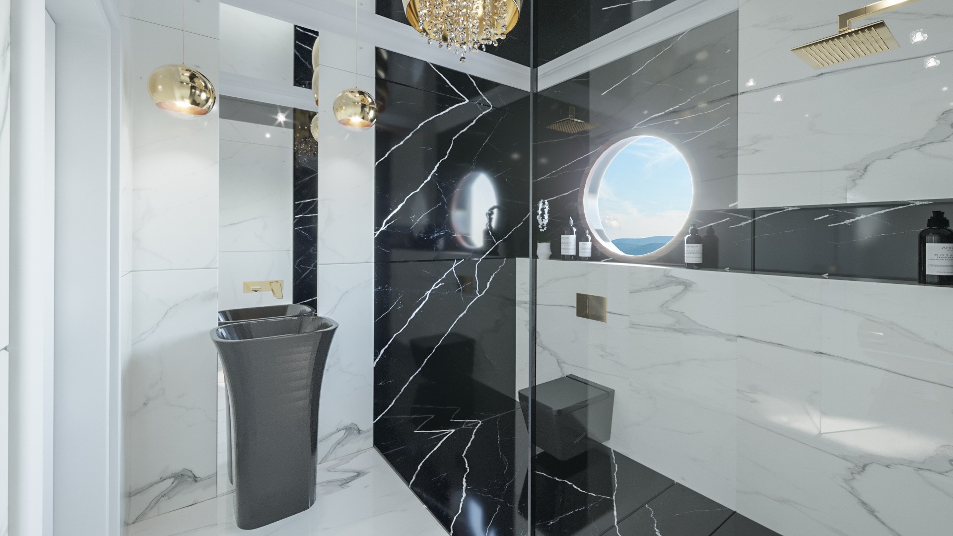 Elegancka łazienka z czarno-białymi marmurowymi płytkami, wolnostojącą umywalką w kolorze grafitowym, złotymi lampami wiszącymi i okrągłym oknem z widokiem na krajobraz.