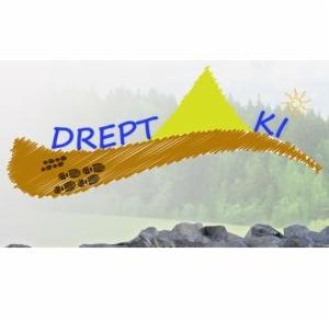 Stylizowany, cyfrowy rysunek przedstawiający logo z nazwą 'DREPTKI' napisaną niebieską czcionką, umieszczoną nad brązowym kształtem przypominającym kapelusz z żółtym trójkątem na górze, z odciskiem...