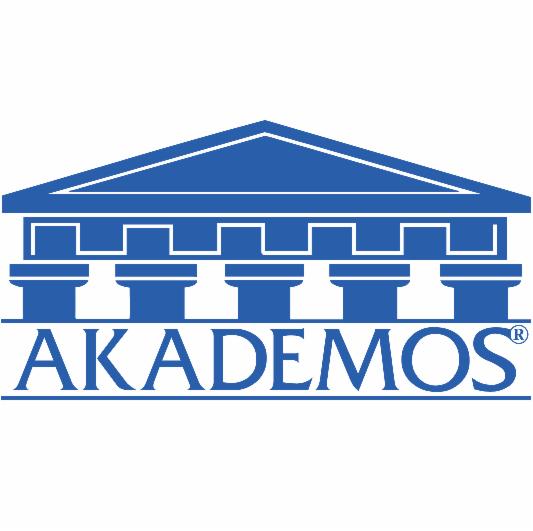 Niebieskie logo 'AKADEMOS' z motywem architektonicznym przypominającym grecką świątynię.