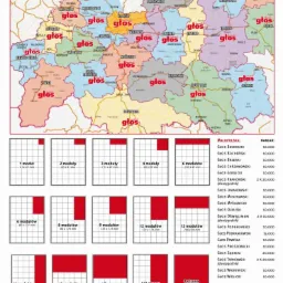Mapa zasięgu regionalnej sieci gazet Głos 24 w południowej Polsce, z zaznaczonymi miastami i powiatami, poniżej schematy różnych formatów modułów reklamowych z cenami.
