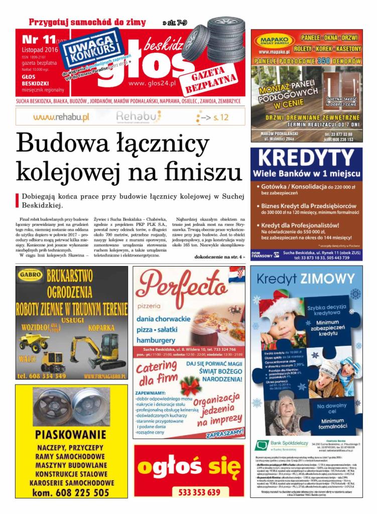 Gazeta reklamowa z ogłoszeniami lokalnych firm, w tym budowa łącznicy kolejowej, pizzeria Perfecto, Gabro Brukarstwo i kredyty zimowe.