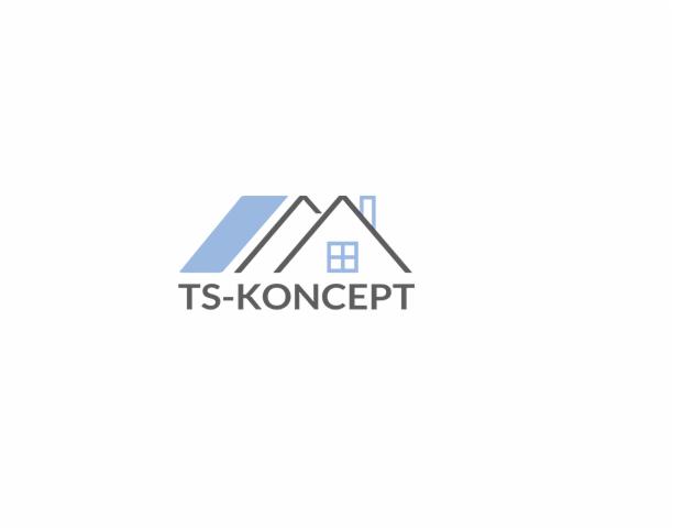 Minimalistyczne logo firmy budowlanej TS-KONCEPT z graficznym przedstawieniem domu z niebieskim panelem słonecznym na dachu.