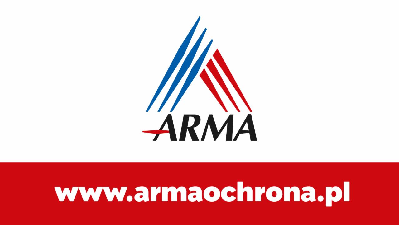 Logo firmy z Warszawy: stylizowany trójkąt z niebieskich i czerwonych linii nad napisem ARMA oraz adresem strony internetowej na czerwonym tle.