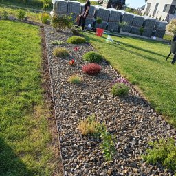 Marcin Malik - Rabata wysypana korą drzewną z posadzonymi roślinami, w tle ułożone kostki brukowe i osoba nadzorująca prace.