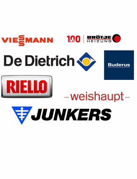 Zestaw logotypów producentów kotłów grzewczych i palników: Viessmann, De Dietrich, Riello, Weishaupt, Junkers, Brötje, Buderus.