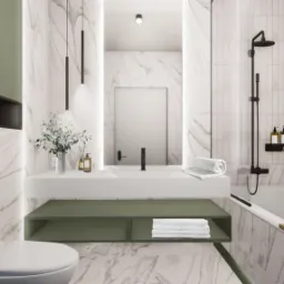 Nowoczesna łazienka z marmurowymi ścianami, białym blatem umywalki na zielonym stelażu, czarną armaturą i dodatkami w odcieniach zieleni. Minimalistyczny design.