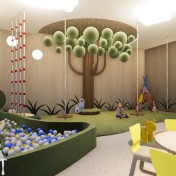 AUMÜLLERDESIGN Pracownia Rozwoju Przestrzeni - Wizualizacja pokoju zabaw dla dzieci z basenem z kulkami, zjeżdżalnią, ścianką wspinaczkową i miejscem do siedzenia. Na ścianach dekoracje imitujące drzewa i rośliny.