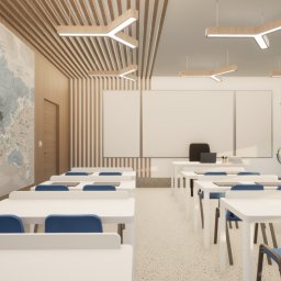 AUMÜLLERDESIGN Pracownia Rozwoju Przestrzeni - Nowoczesna klasa z mapą świata na ścianie, białymi ławkami i niebieskimi krzesłami. Oryginalne oświetlenie sufitowe. Czyste, jasne wnętrze.