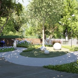 AUMÜLLERDESIGN Pracownia Rozwoju Przestrzeni - Wizualizacja ogrodu z drewnianym tarasem, ścieżkami, kulami dekoracyjnymi i grupą osób. Hortensje i drzewa dodają uroku. Oświetlenie parkowe.