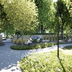 AUMÜLLERDESIGN Pracownia Rozwoju Przestrzeni - Wizualizacja parku miejskiego z alejkami, zielenią, miejscami do siedzenia i osobami korzystającymi z przestrzeni. Oświetlenie parkowe i pergola dodają nowoczesnego charakteru.