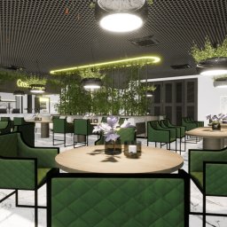 AUMÜLLERDESIGN Pracownia Rozwoju Przestrzeni - Wnętrze kawiarni w stylu Green Jungle: zielone krzesła z pikowaniem, okrągłe stoliki, marmurowa podłoga, rośliny pod sufitem i neonowy napis. Nowoczesny design.