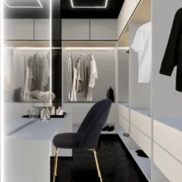 Nowoczesna garderoba z oświetleniem LED, czarnym krzesłem na złotych nogach, ubraniami i torebką. Minimalistyczny design z elementami dekoracyjnymi.