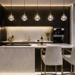 AUMÜLLERDESIGN Studio Projektowe - Elegancka kuchnia z czarnymi szafkami, marmurową wyspą i blatem, złotymi detalami, nastrojowym oświetleniem LED oraz panoramicznym widokiem na rozświetlone miasto o zmierzchu.