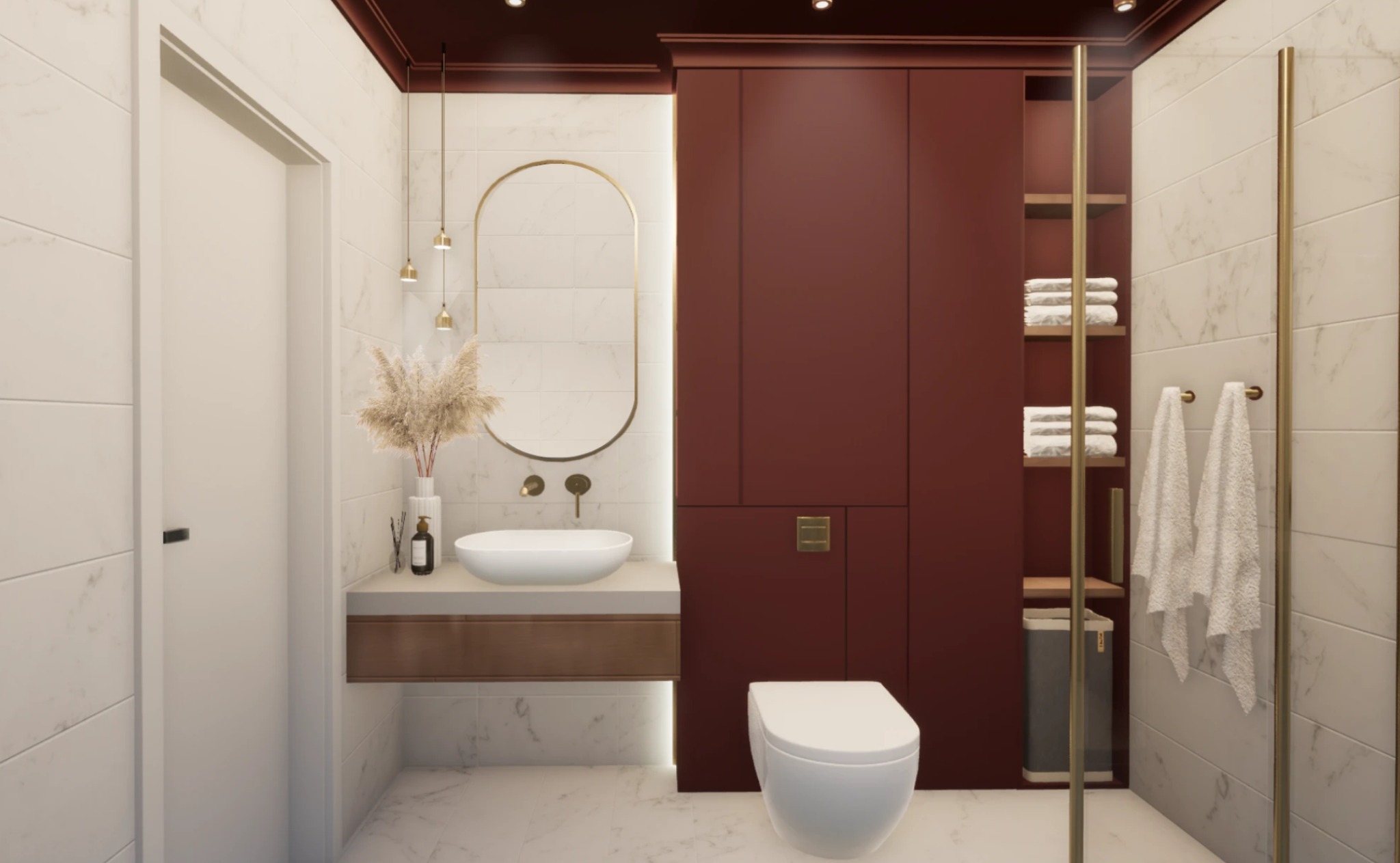 Elegancka łazienka w bieli i bordo: owalne lustro z podświetleniem, umywalka nablatowa, wisząca toaleta i szafka z półkami na ręczniki. Marmurowe płytki.
