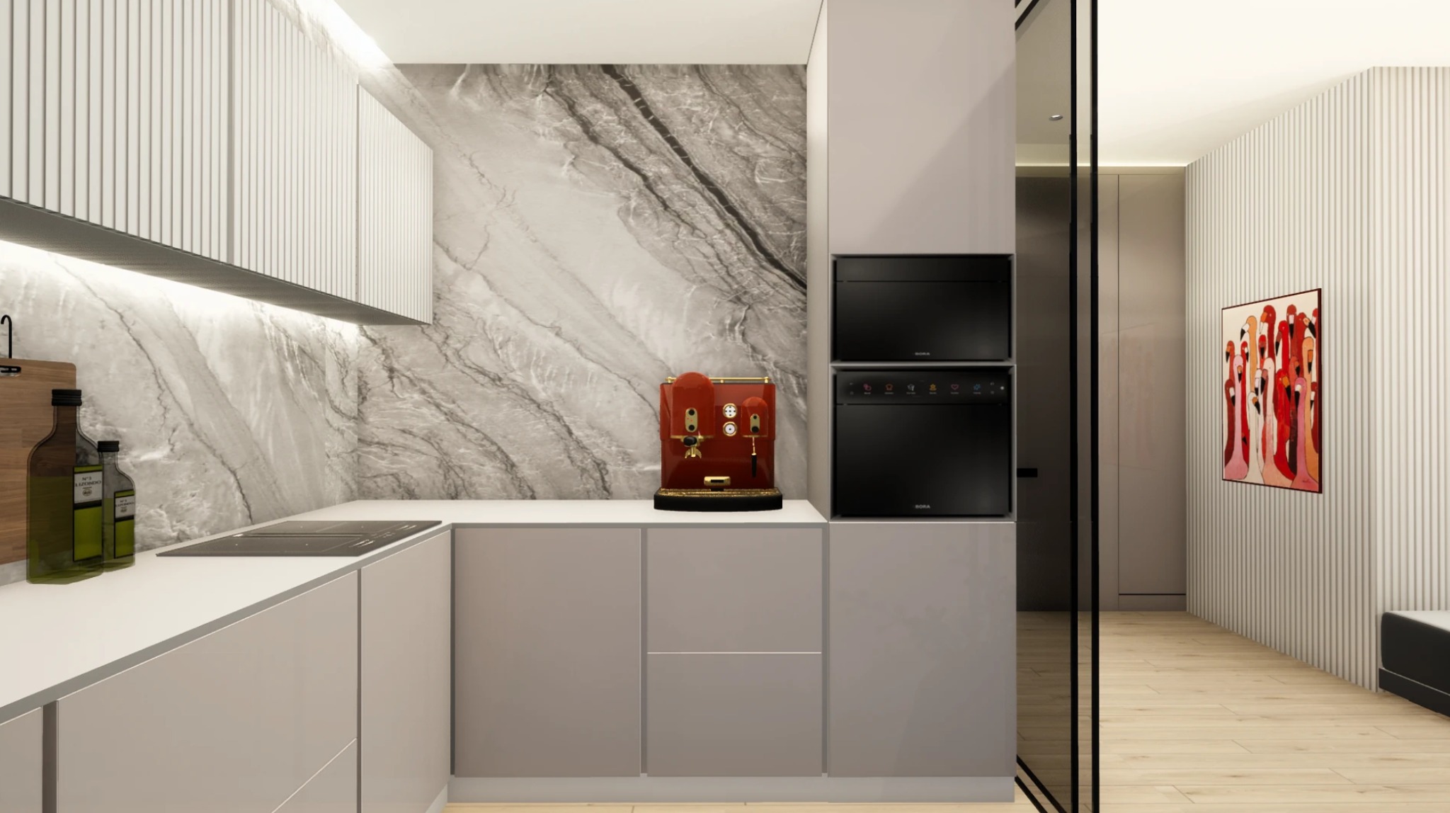 Elegancka kuchnia z marmurowym backsplashiem, nowoczesną zabudową w odcieniach szarości i czerwoną, designerską maszyną do kawy. Minimalistyczne oświetlenie.