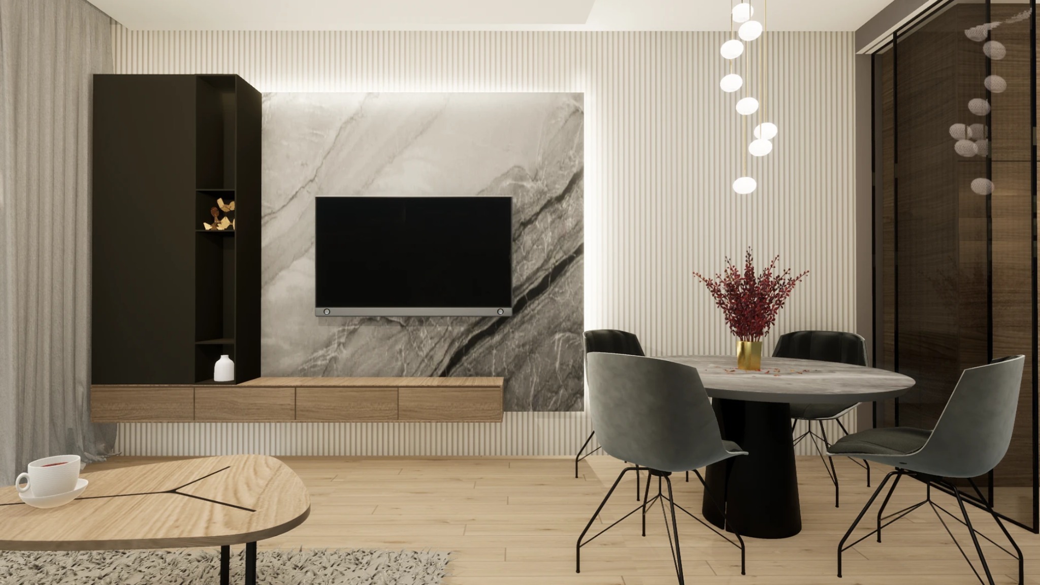 Nowoczesne wnętrze: TV na ścianie z marmurowym wzorem, minimalistyczna szafka RTV, okrągły stół z kwiatami i szare krzesła. Subtelne oświetlenie i drewniane akcenty.