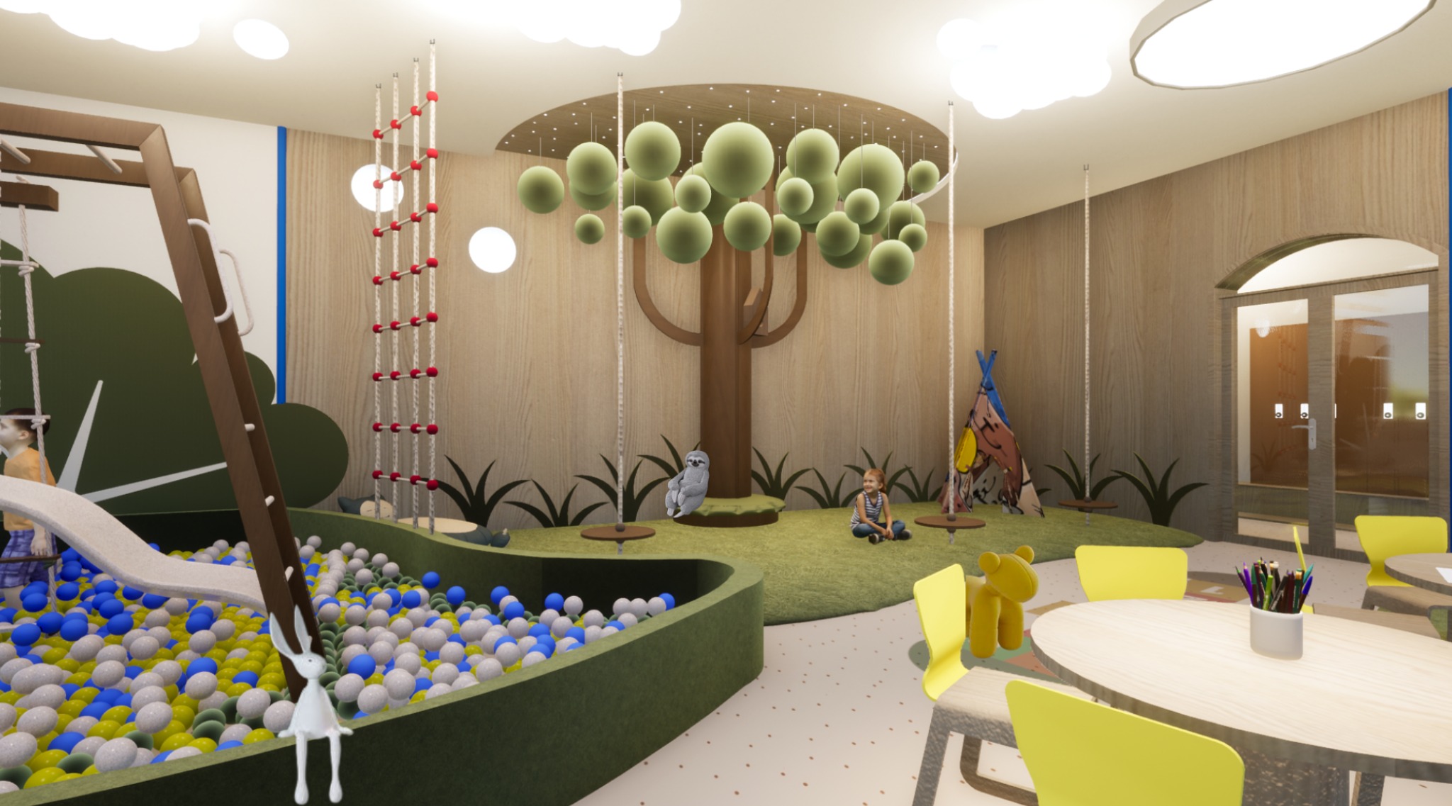 Wizualizacja pokoju zabaw dla dzieci z basenem z kulkami, zjeżdżalnią, ścianką wspinaczkową i miejscem do siedzenia. Na ścianach dekoracje imitujące drzewa i rośliny.