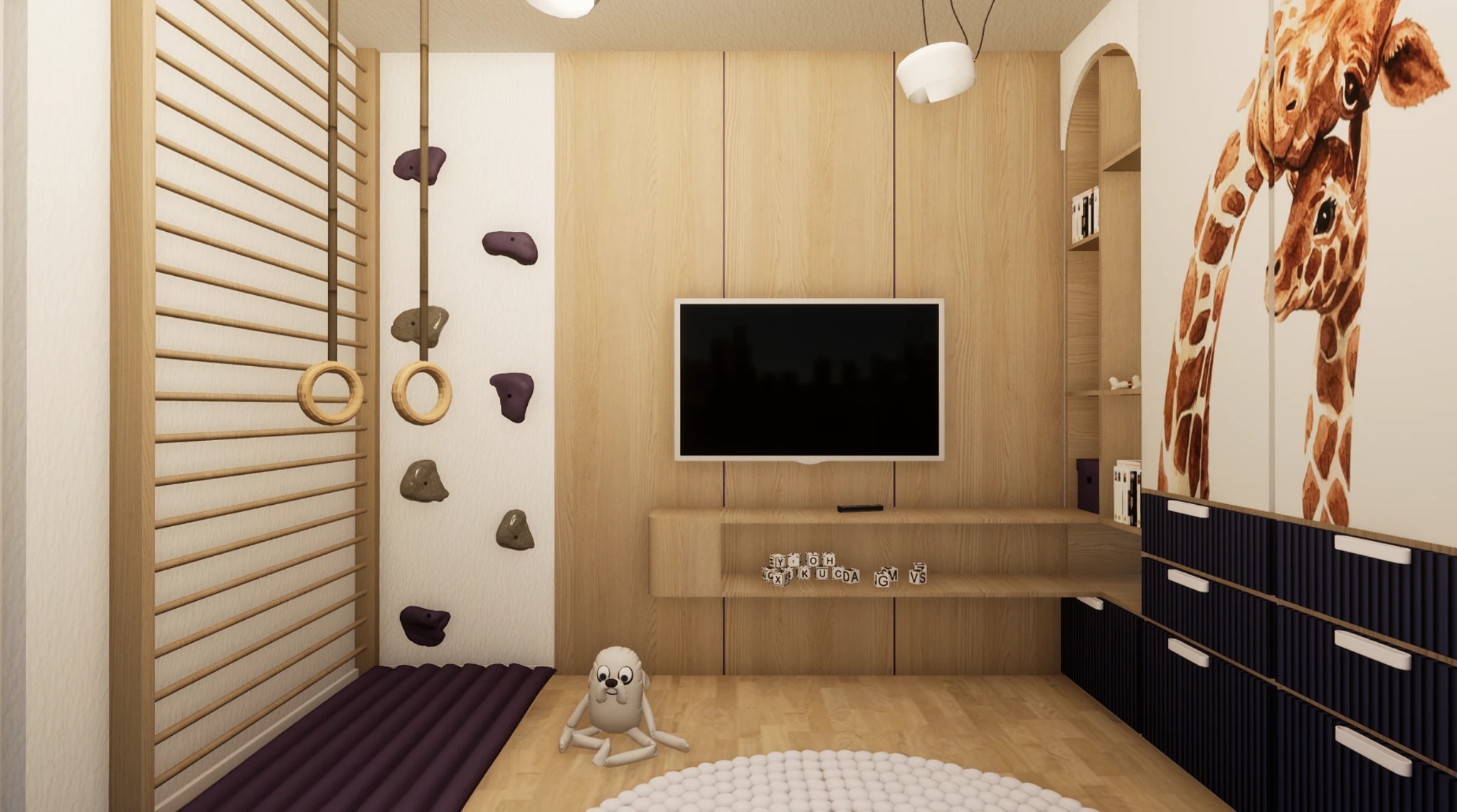 Pokój dziecięcy z drabinką gimnastyczną, ścianką wspinaczkową i meblami z motywem żyrafy. Drewniane wykończenie, minimalistyczny design, zabawki na podłodze.