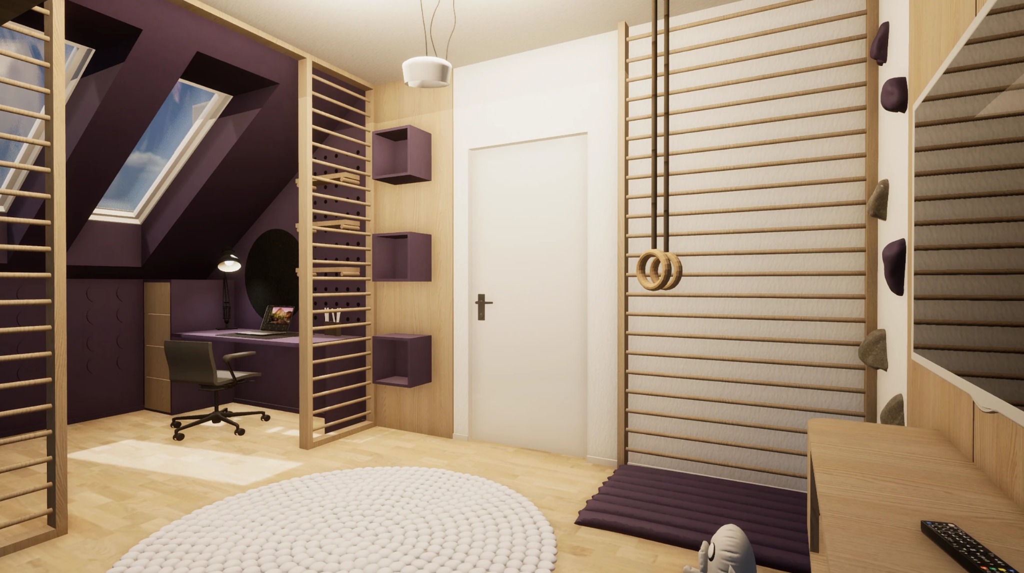 Pokój na poddaszu z biurkiem pod oknem dachowym, drabinkami gimnastycznymi i ścianką wspinaczkową. Fioletowe akcenty kolorystyczne i drewniane wykończenie.