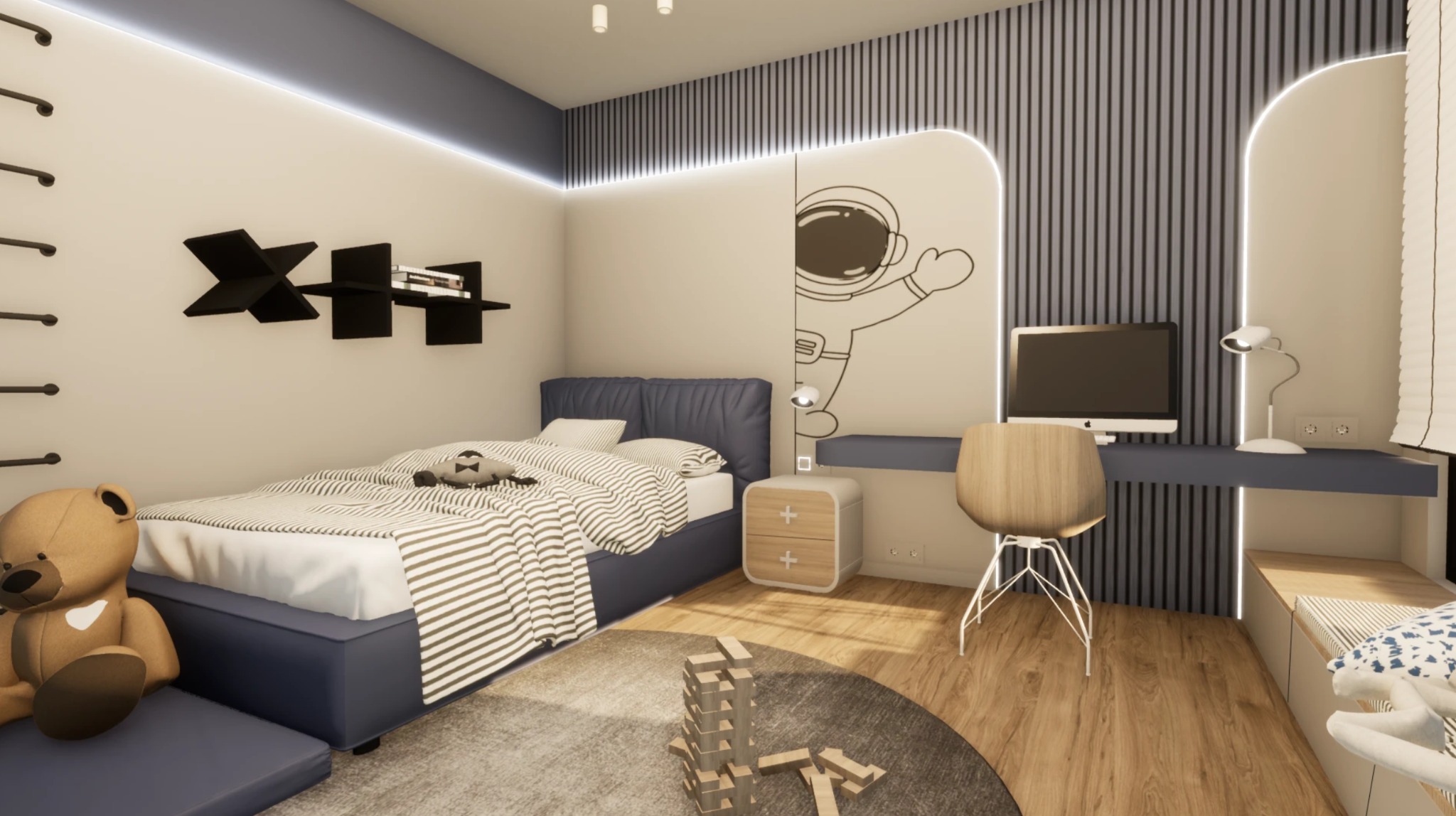 Pokój dziecięcy w stylu nowoczesnym: łóżko z niebieską ramą, biurko z komputerem, zabawki i dekoracja ścienna z motywem astronauty.
