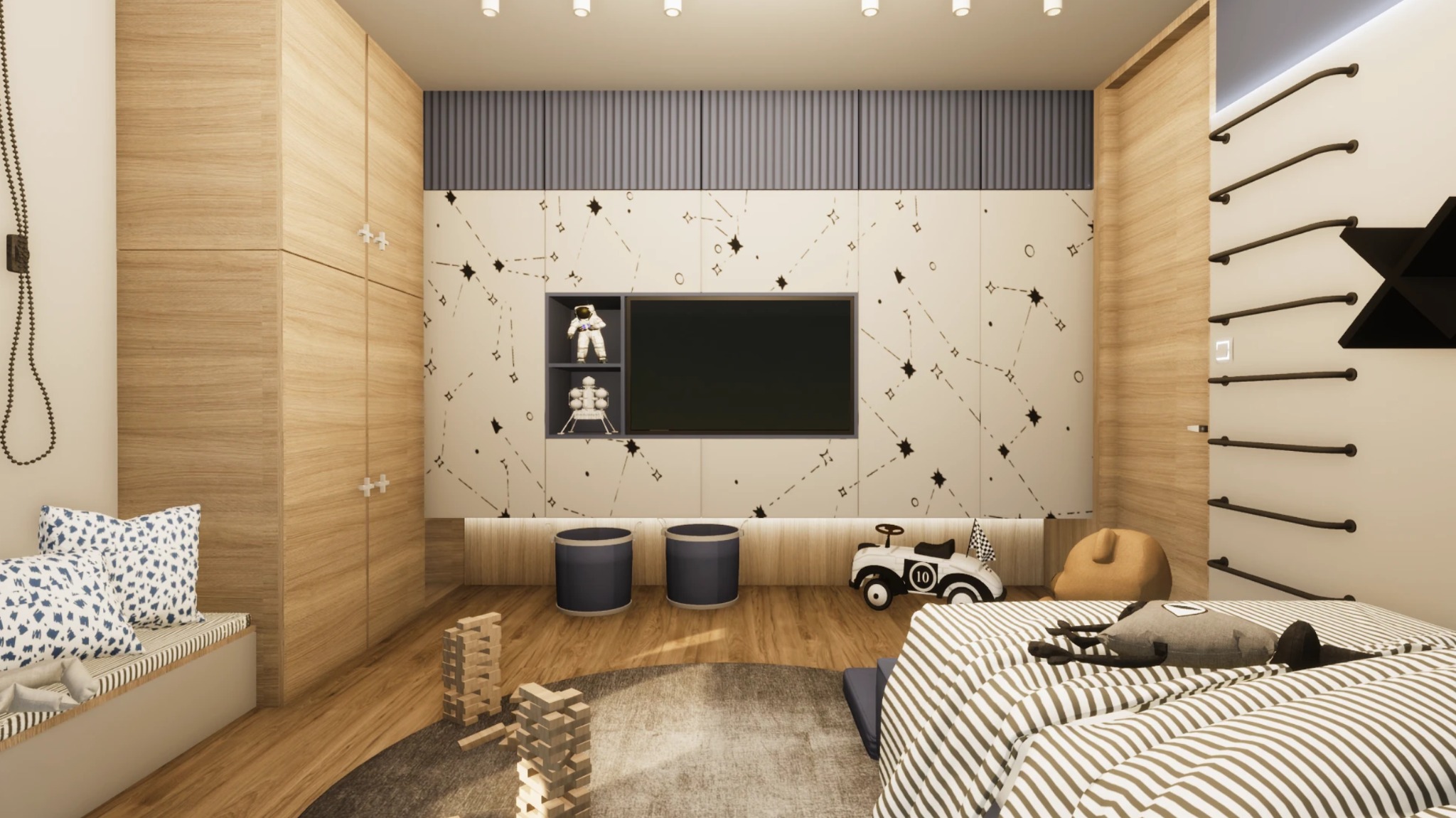 Kreatywna aranżacja pokoju dziecięcego z motywem kosmicznym: ściana z gwiazdami, półki z figurkami astronauty i rakiety, łóżko w paski, drewniane zabawki, drabinka.