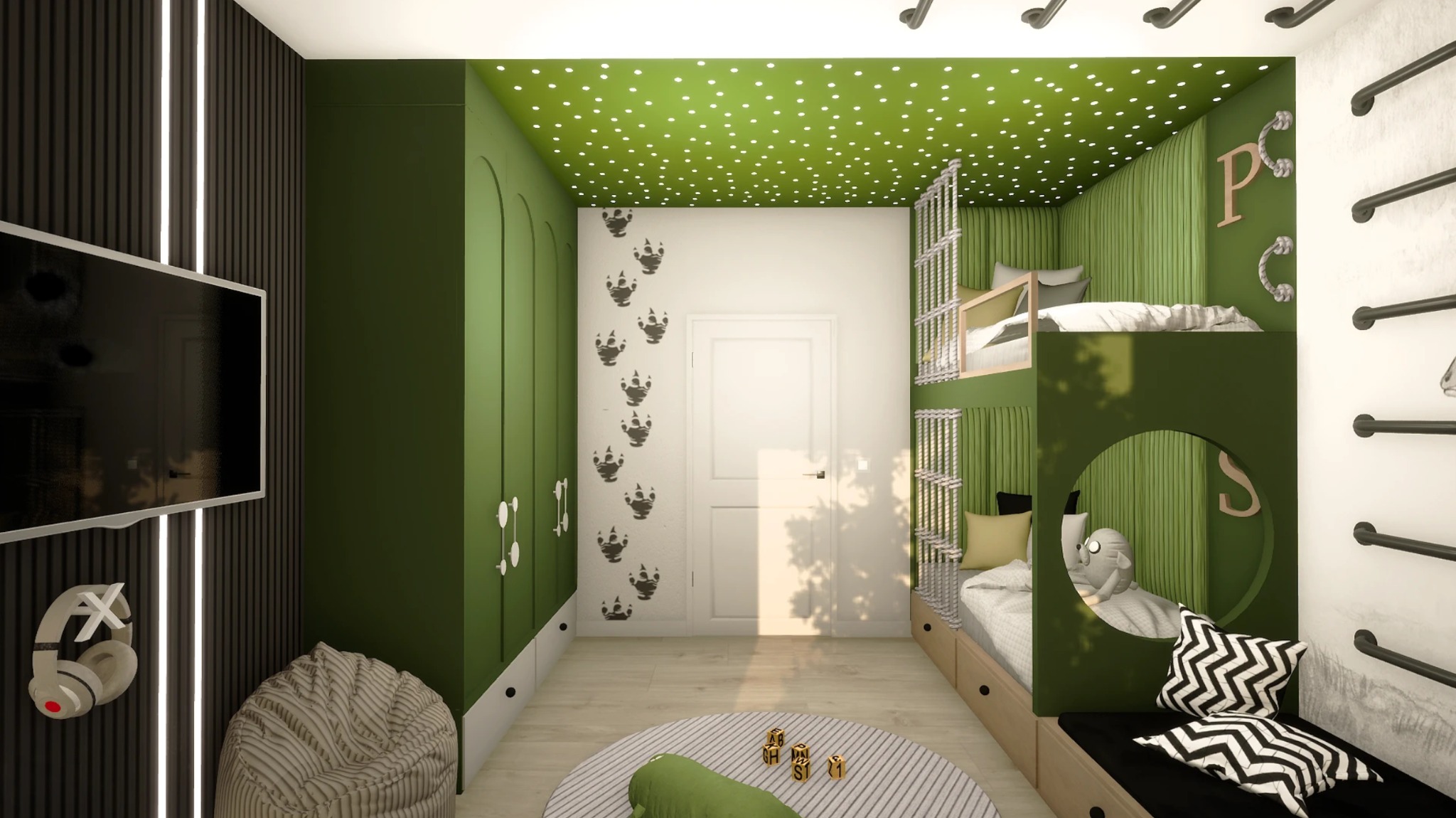 Pokój dziecięcy z łóżkiem piętrowym w odcieniach zieleni, dekorowany motywem dinozaura. Widoczne biurko, drabinka, pufa i telewizor na ścianie.