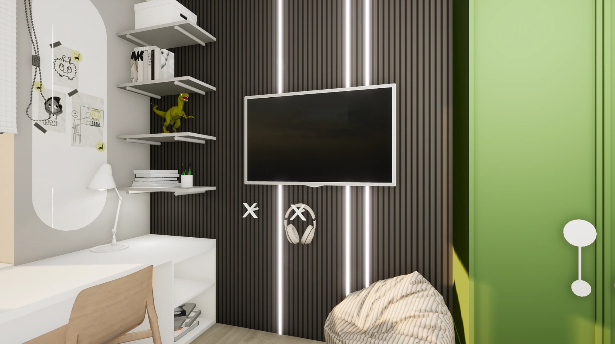 Nowoczesny pokój dziecięcy z biurkiem, półkami, telewizorem na ścianie z pionowymi pasami świetlnymi i pufą. Aranżacja w odcieniach bieli, szarości i zieleni.