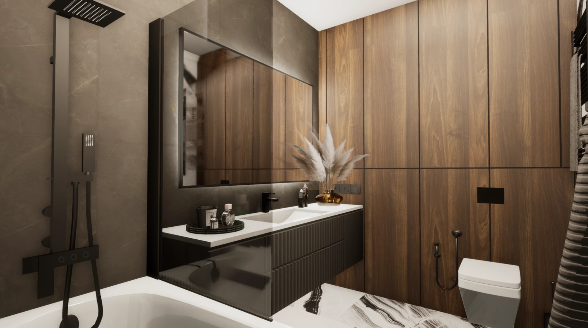 Nowoczesna łazienka z drewnianą ścianą, czarną armaturą i podświetlanym lustrem. Umywalka z dekoracjami i marmurowa podłoga.