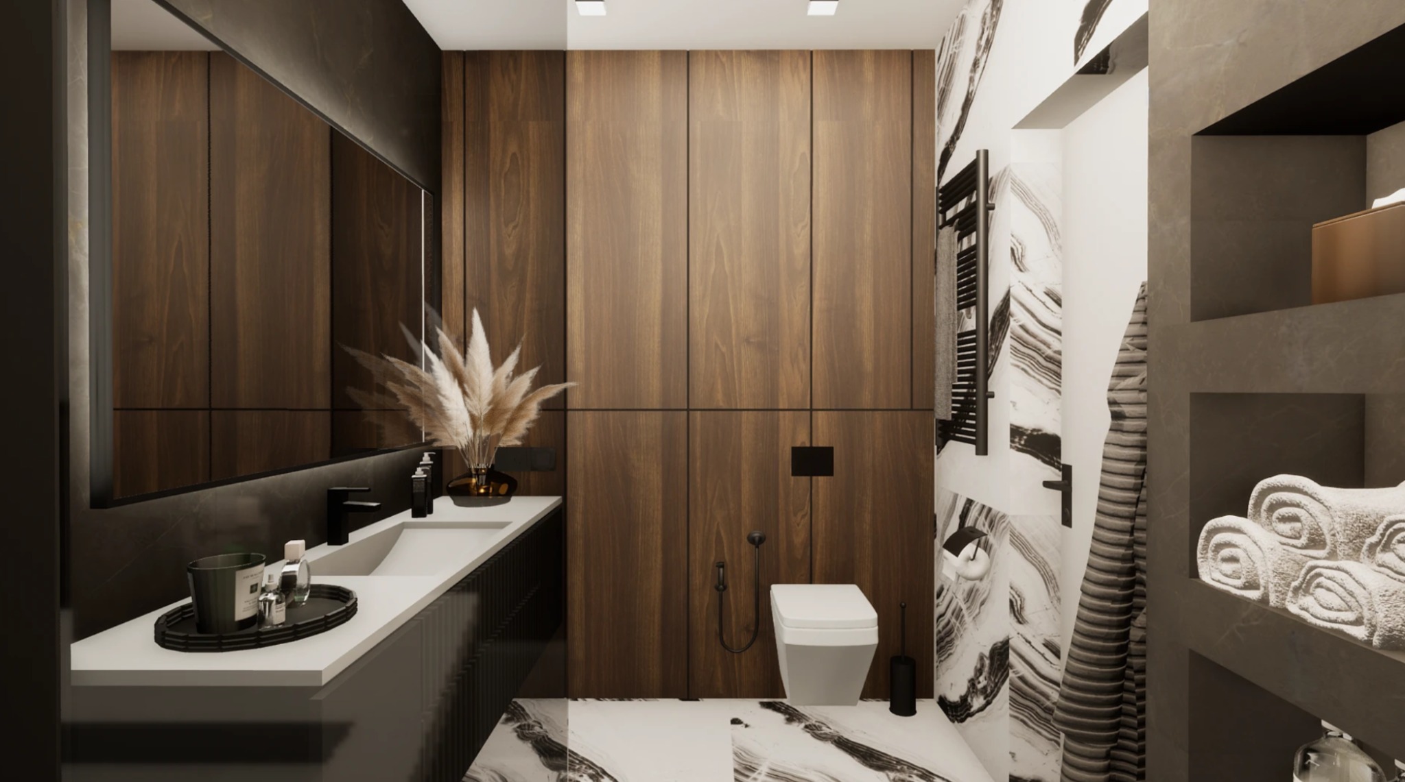 Nowoczesna łazienka z drewnianymi panelami, marmurową podłogą i designerskimi dodatkami. Minimalistyczny styl, stonowana kolorystyka, eleganckie wykończenie.