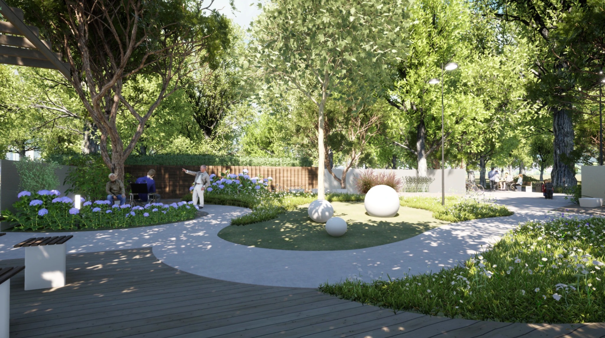 Wizualizacja ogrodu z drewnianym tarasem, ścieżkami, kulami dekoracyjnymi i grupą osób. Hortensje i drzewa dodają uroku. Oświetlenie parkowe.
