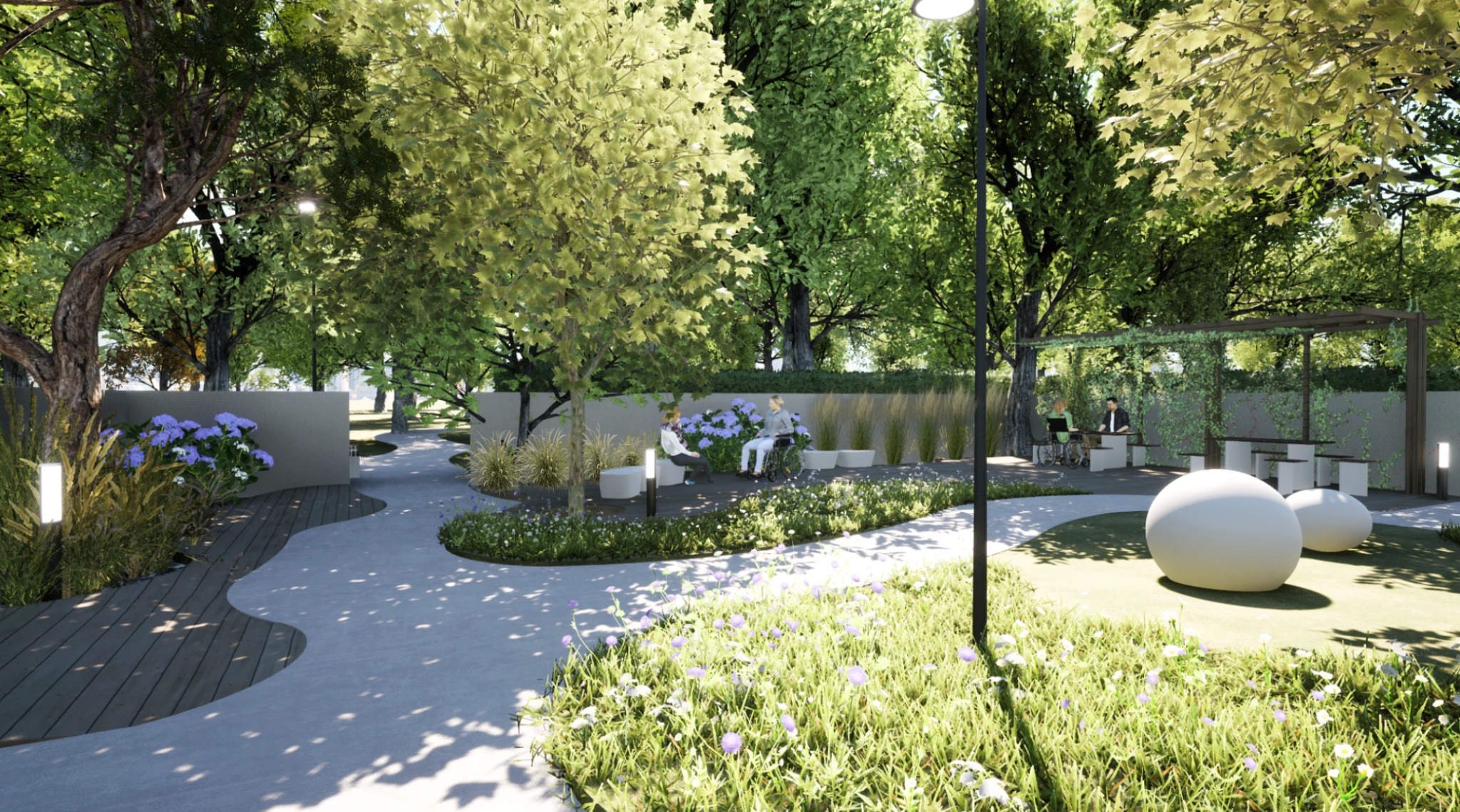Wizualizacja parku miejskiego z alejkami, zielenią, miejscami do siedzenia i osobami korzystającymi z przestrzeni. Oświetlenie parkowe i pergola dodają nowoczesnego charakteru.