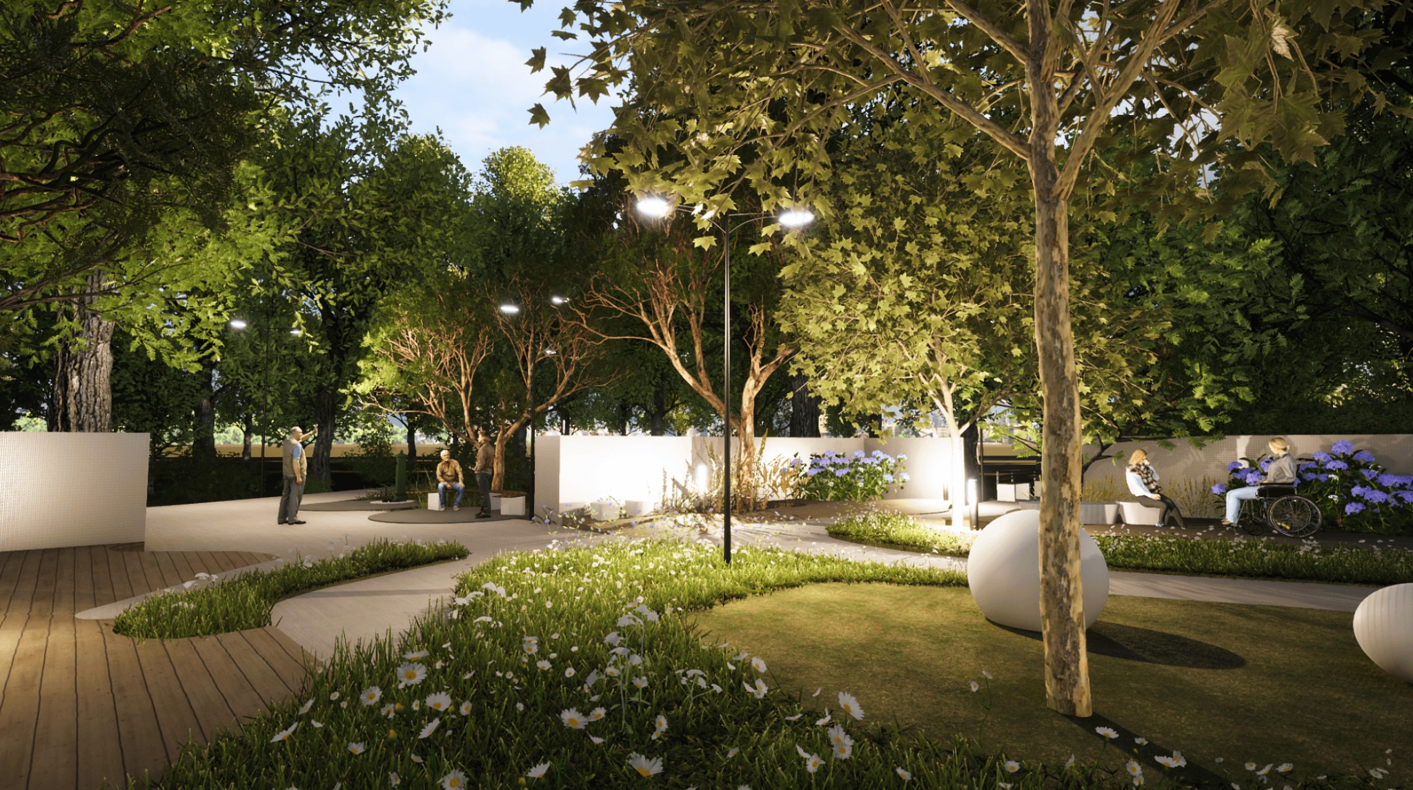 Projekt zagospodarowania terenu zielonego z oświetleniem, ścieżkami i miejscami do siedzenia, otoczonego drzewami i roślinami. Widoczne osoby korzystające z przestrzeni.