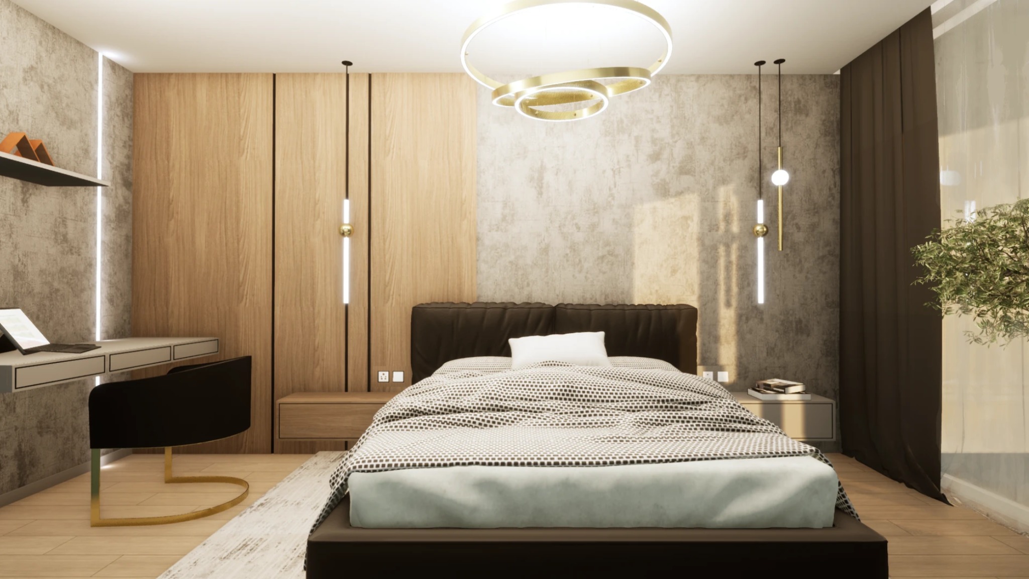 Nowoczesna sypialnia z drewnianą zabudową, biurkiem i dekoracyjnym oświetleniem. Na łóżku wzorzysta narzuta i biała poduszka. Stonowana kolorystyka, minimalistyczny design.