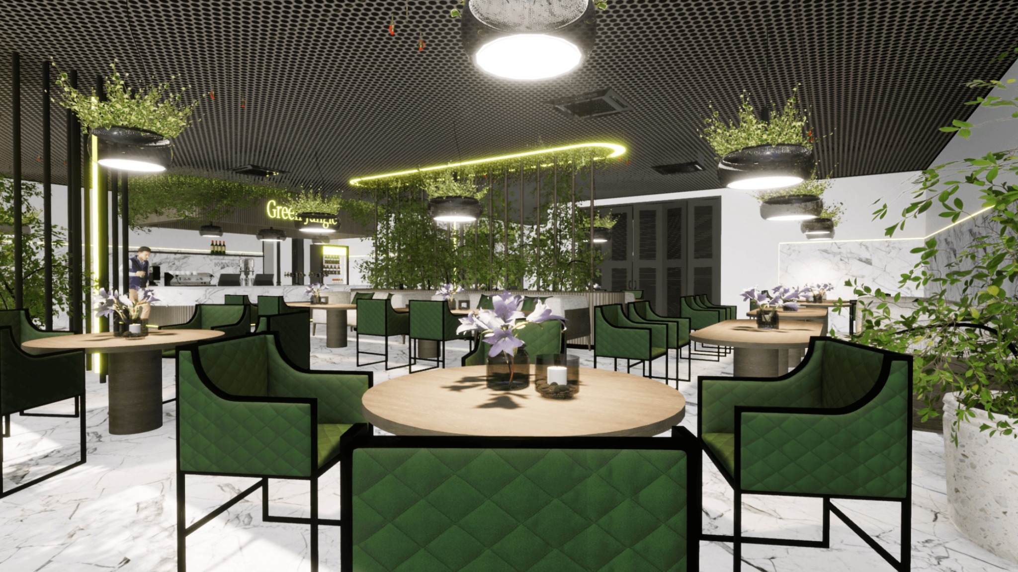 Wnętrze kawiarni w stylu Green Jungle: zielone krzesła z pikowaniem, okrągłe stoliki, marmurowa podłoga, rośliny pod sufitem i neonowy napis. Nowoczesny design.