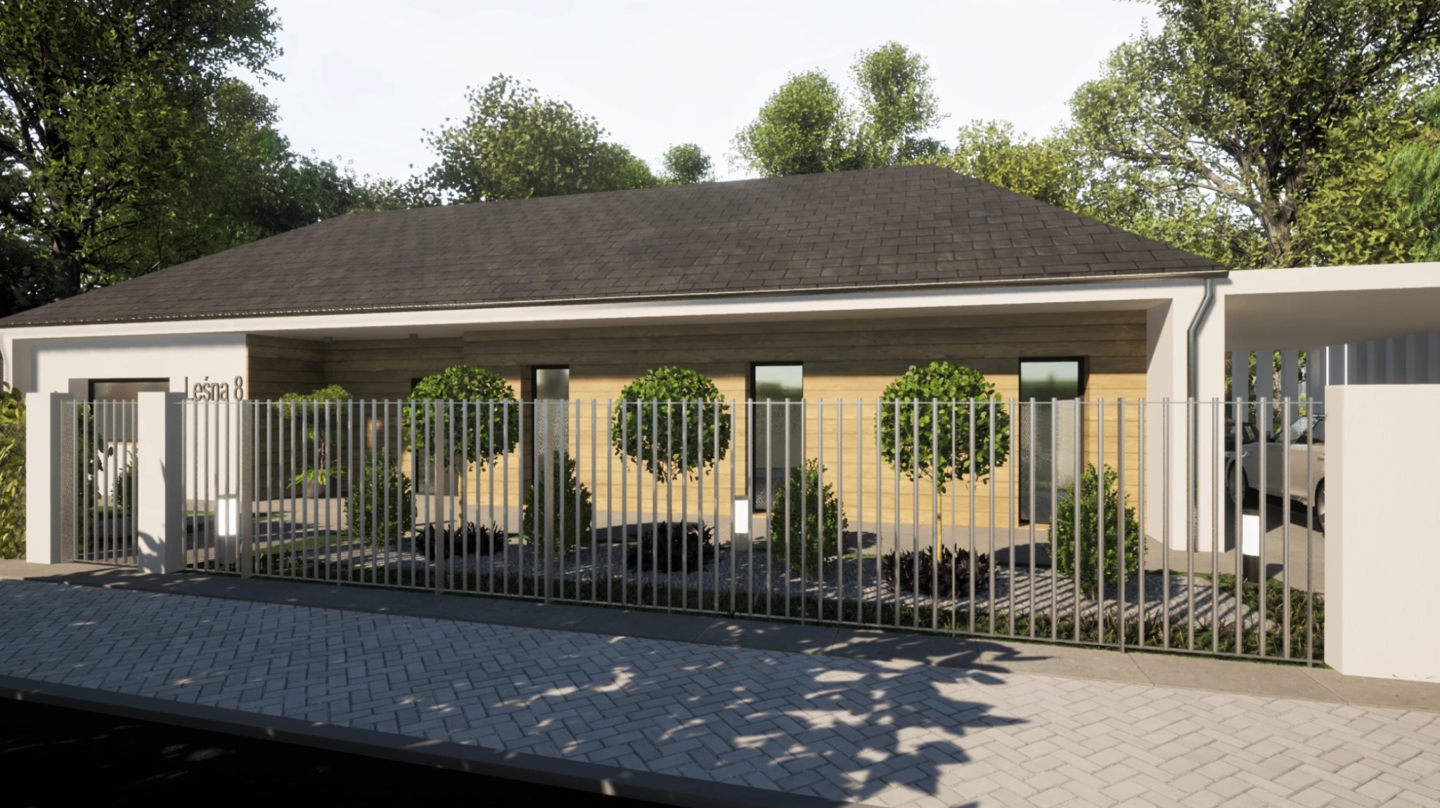 Wizualizacja parterowego domu z drewnianą elewacją, szarym dachem i metalowym ogrodzeniem. Widoczny fragment chodnika i zieleni.