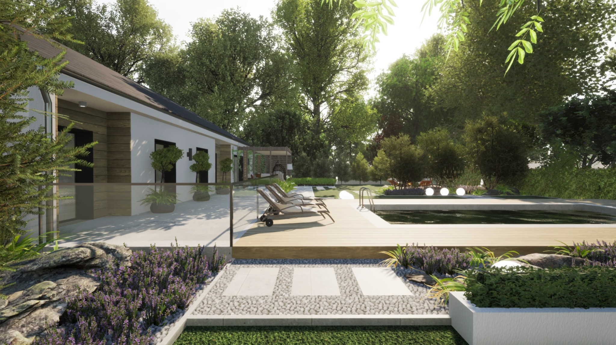 Wizualizacja nowoczesnego ogrodu z basenem i leżakami przy domu z elementami kamiennymi i roślinnością, w słoneczny dzień.