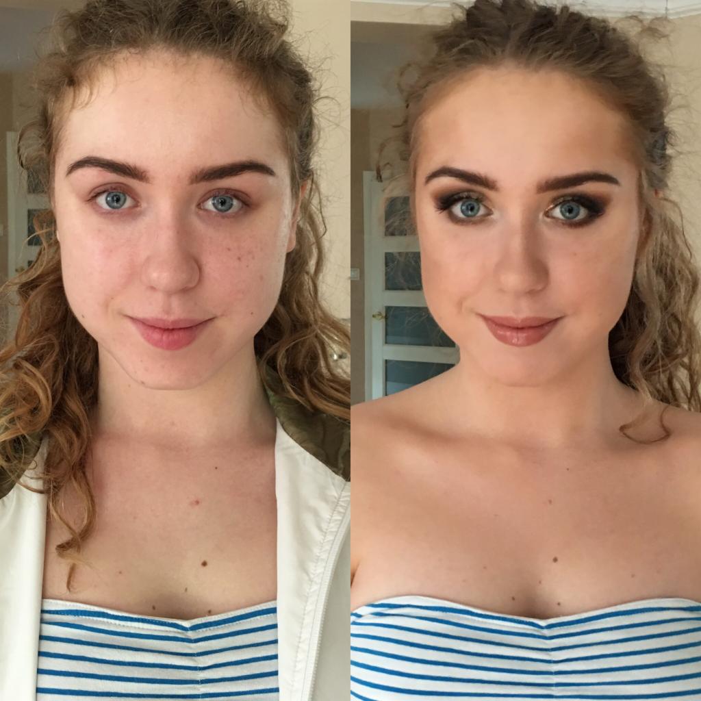 Portret kobiety przed i po wykonaniu makijażu, widoczne zmiany w wyglądzie skóry, oczu i ust, włosy kręcone.