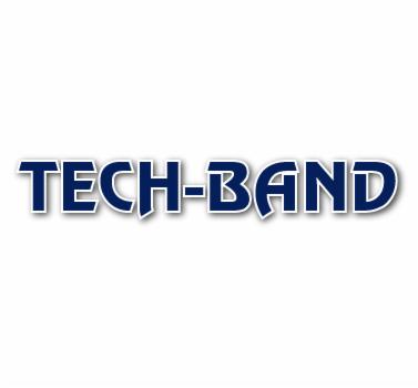 Niebieski napis TECH-BAND z białą obwódką na białym tle, logo firmy.