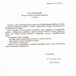 Skan listu referencyjnego dla biura Perfectis Bożena Backtrog w Gdyni, polecającego usługi w zakresie pozyskiwania środków w ramach Regionalnego Programu Operacyjnego dla Województwa Pomorskiego,...