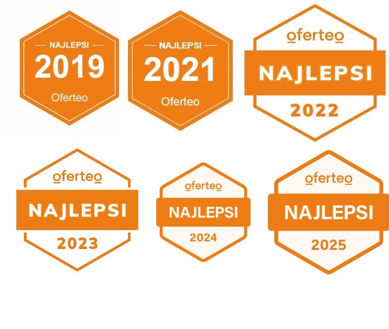 Zestaw sześciu pomarańczowych odznak Oferteo 'Najlepsi' z lat 2019, 2021, 2022, 2023, 2024 i 2025 na białym tle.